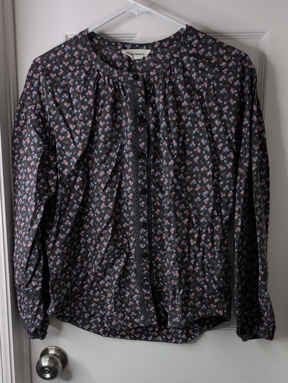 Lucky Brand 100% Cotton Black Floral Boho Button-Front Blouse Size S